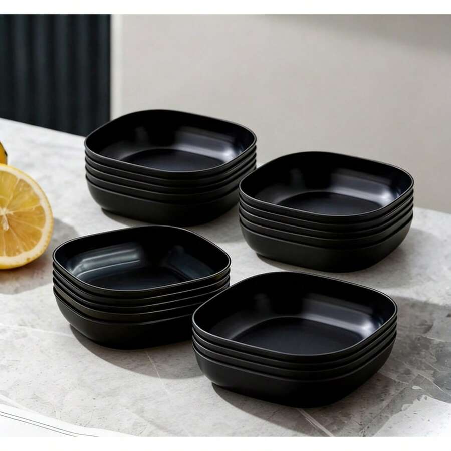 2/4/5/6/8/10 pièces Assiettes noires de dîner, Assiettes carrées noires de vaisselle, Pour la maison, la cuisine, la salle à manger, le dortoir, le camping et le pique-nique, Assiettes profondes carrées légères, Assiettes incassables, Assiettes à salade, Bols à collation - Noir - Voir 1