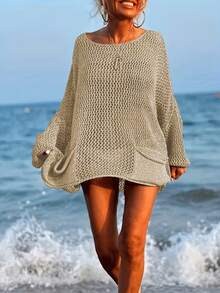 Große Größen Damen Sexy Loose Beach Cover Up mit Ausschnitten, Langarm Rundhals mit Taschen für den Urlaub im Sommer - Khaki - Übersicht 2