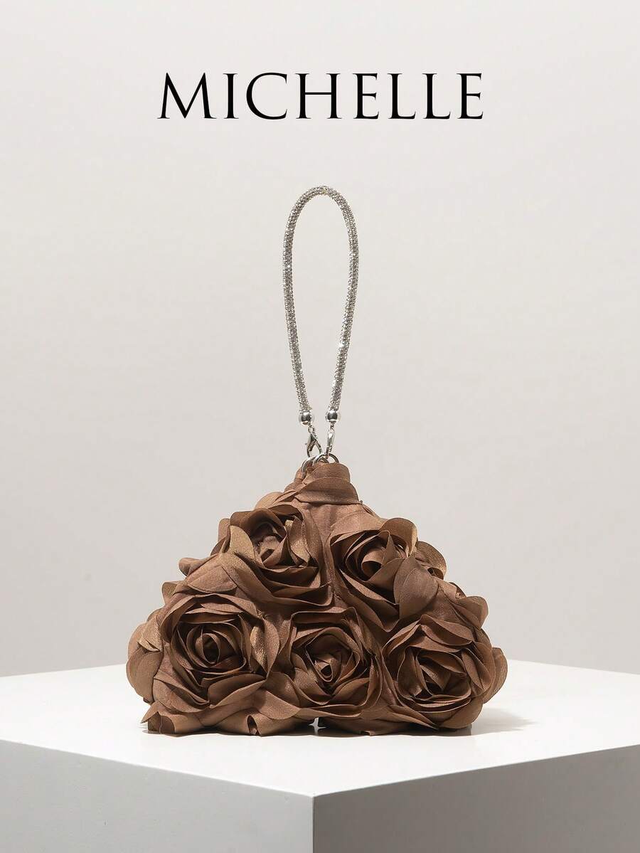 Mini Floral Novelty Clutch Bag, Suitable For Evening, Party, Ball, Wedding And Other Occasions, Elegant Ladies Handbag, Gift,Bride - Brown - View 1