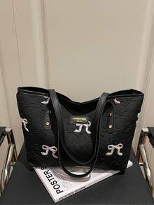 Large Capacity Handbag For Women, New Casual Chic Fashion Embroidered Bow Sweet Commuter Shoulder Tote Bag - Black - View 7