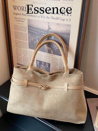 1pc Khaki Spring New Fashion Strap Decor Large Capacity Solid Color Faux Suede Tote Bag, Women Shoulder Bag