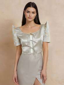1pc Modern Filipiniana Top With Butterfly Sleeves, Lace-Up Short Sleeve Cardigan Blouse For Women, Holiday, Daily, Wedding, Summer - Blue - View 1