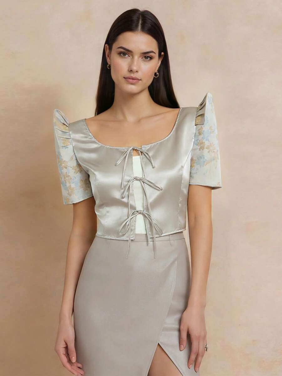 1pc Modern Filipiniana Top With Butterfly Sleeves, Lace-Up Short Sleeve Cardigan Blouse For Women, Holiday, Daily, Wedding, Summer - Blue - View 1