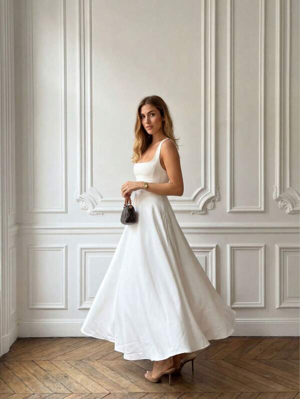 Floreya Solid Color Casual Elegant Woven Fabric Zipper Dress, Suitable For Dates, Parties, Weddings In Spring/Summer White