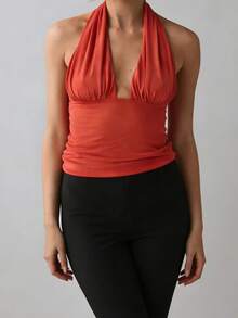 Camisetas sin mangas para mujer, color liso, cuello halter, chalecos casuales, moda de verano, camisetas sin mangas, estilo streetwear - Rojo - Ver 1