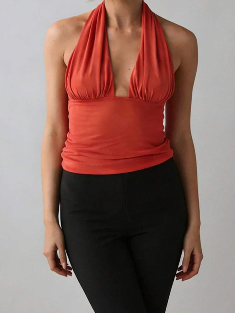 Camisetas sin mangas para mujer, color liso, cuello halter, chalecos casuales, moda de verano, camisetas sin mangas, estilo streetwear - Rojo - Ver 1