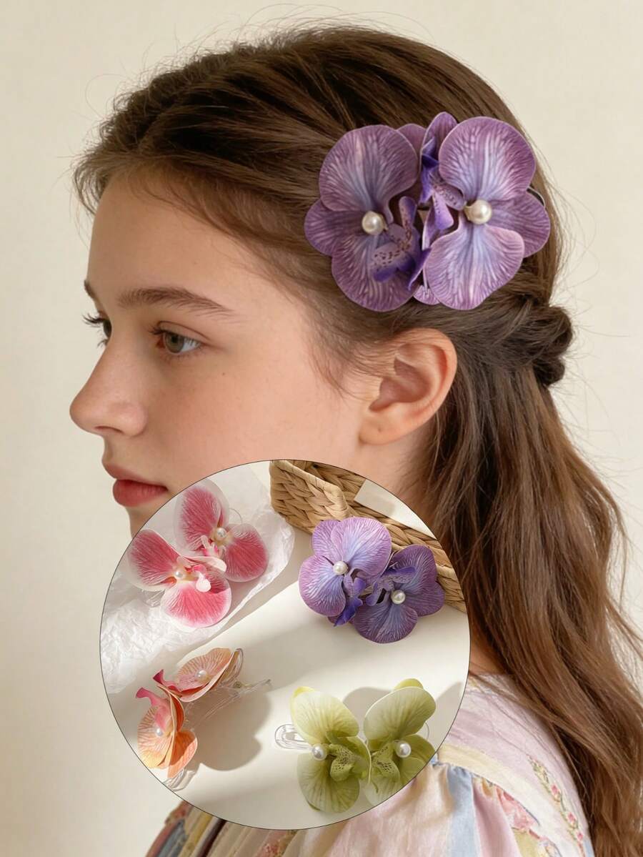 1pc Orchid & Pearl Hair Clip, Elegant Floral Hair Accessory Suitable For Vacation, Party, Wedding, Bridal, Photo Shoot, Large Size Non-Damaging Alligator Hair Clip - Multicolor - View 1