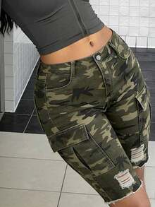 Women's Denim Cargo Shorts, Street Style Fitted Stretch Straight Leg Shorts With Flap Pockets - Army Green - View 4