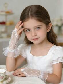 1 đôi găng tay ren trắng kiểu công chúa cho bé gái, viền bèo nhún, không ngón, thích hợp cho tiệc tùng, đám cưới, sinh nhật, Halloween, Giáng sinh. - Ren đục lỗ - Xem 4