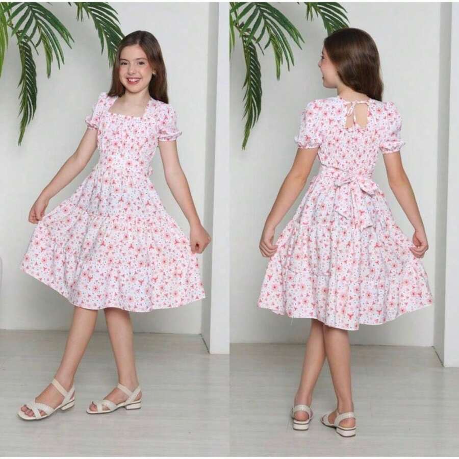 Krica Kids - Vestido Infantil Menina Juvenil Manga Princesa Lastex Florido Premium - Rosa Bebê - Visão 1
