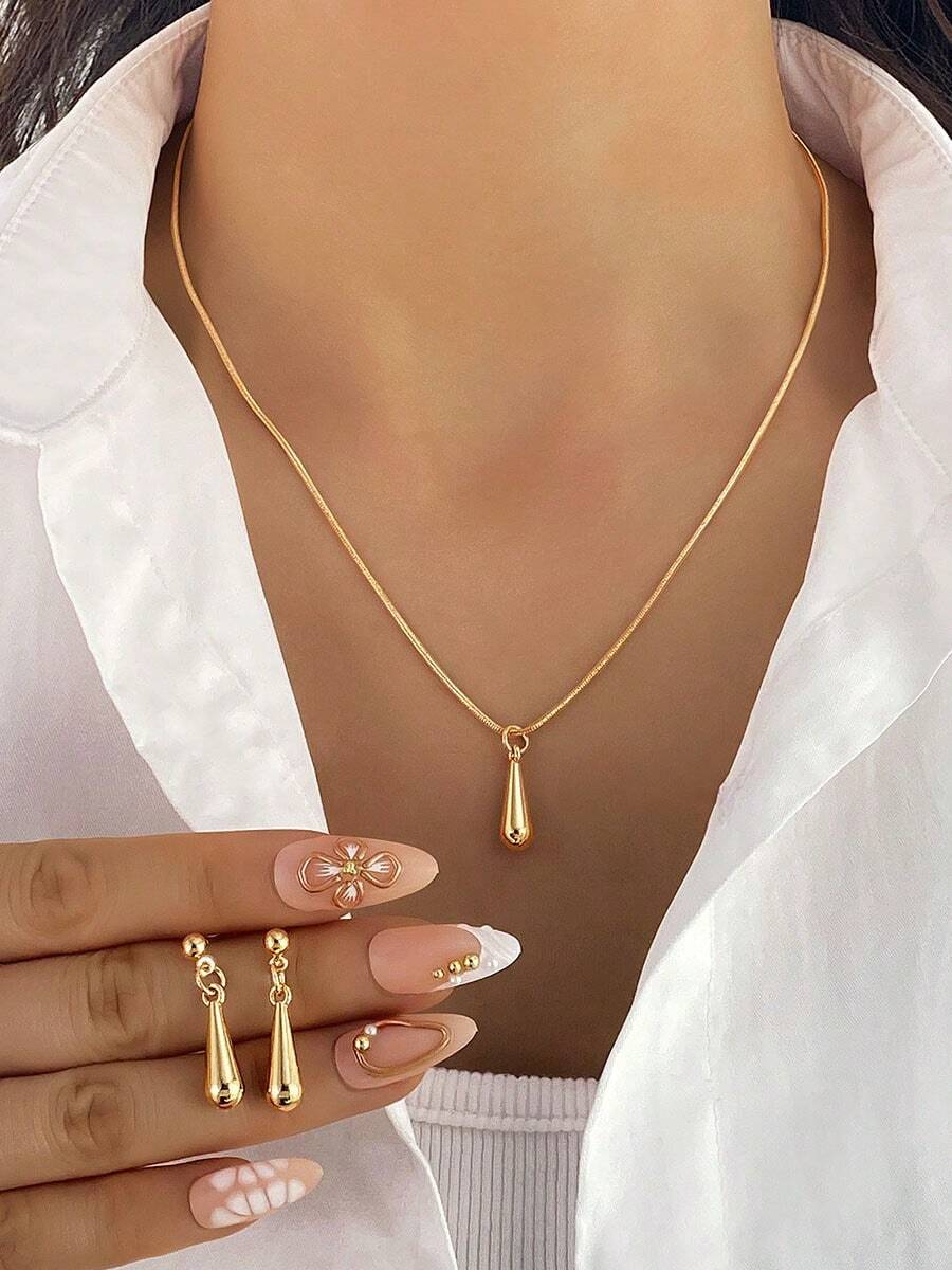 3件套奢华金属水滴吊坠项链耳环首饰套装，精致高端设计 - 金色 - 查看 1