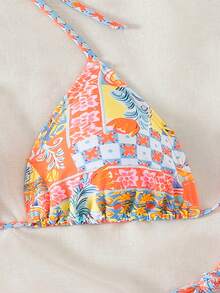 Women's New Printed Tie-Front Bikini Set Sexy S Swimsuit Versatile For Beach  Hot Springs Stylish Vacation Swimwear - 橘紅色 - 查看 3
