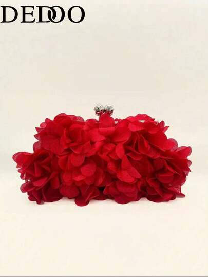 Dedoo 优雅红色花瓣缎面晚宴手拿包 – 双链设计，可手提或斜挎，完美适用于舞会、春季婚礼、派对、鸡尾酒会、度假造型、毕业典礼、性别揭晓派对和正式场合。