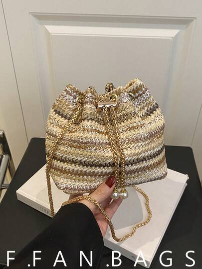 New Straw Bag, Summer Chained Shoulder Crossbody Bag, Rhinestone Decor Bucket Bag For Women