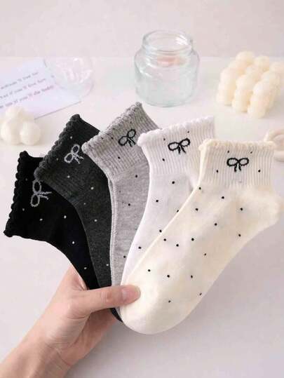 5双装儿童柔软短款腿套，荷叶边下摆，波点蝴蝶结印花，黑/白/灰中性色，透气弹力休闲腿套套装