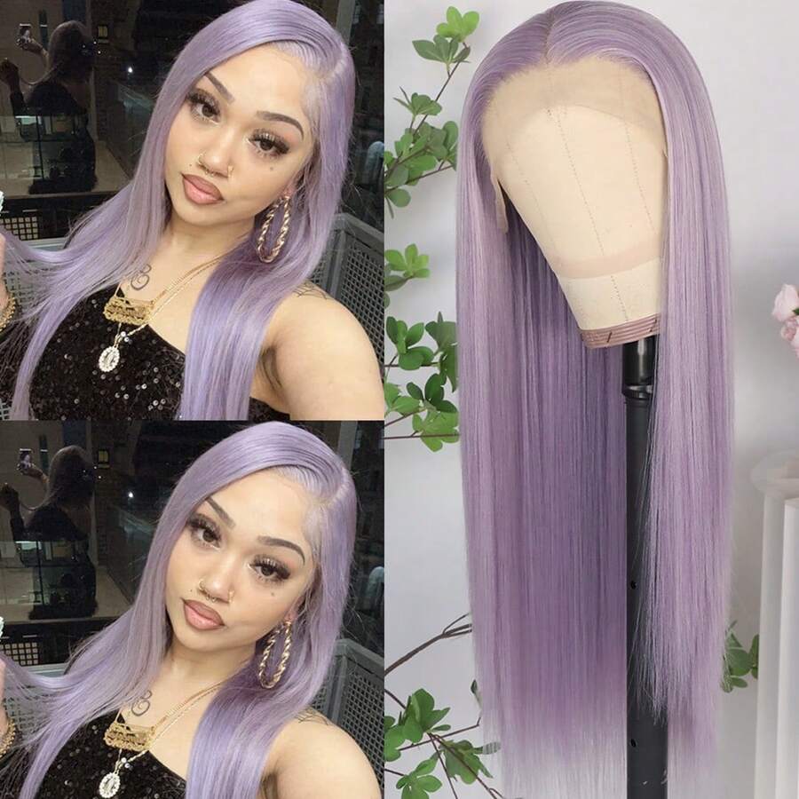 Stunning Purple Hair Synthetic Lace Front Wigs 26 Inch Pre Plucked Long Straight Hair Wigs 13X4 HD Lace Wigs Glueless Dark Purple Colored Wigs Heat Resistant Halloween Wigs Deep Purple Long Silky Straight Lace Front Wigs For Fashion Women For Daily Christmas Party Cosplay Use - Light Purple - 查看 1