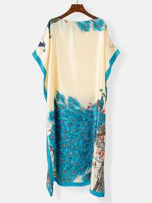 1pc Women's Elegant Floral Print Faux Silk Cover Up Shawl, Lightweight Breathable Satin Kimono Robe For Spring/Summer Beach, Vacation, Sun Protection,Holiday,Accessories,Travel Essential - Peacock Blue - View 3