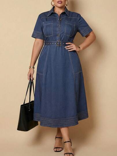 Whisplicity Đầm denim dáng rộng dành cho nữ, phối màu tương phản, nhiều túi, thắt lưng, phong cách thường ngày, mùa xuân thanh lịch.