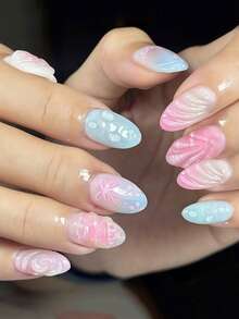 24片中长款杏仁形3D立体浮雕美甲贴纸，融入夏日海洋元素，呈现清新甜美风格。以粉色和浅蓝色为主色调，搭配海星等元素，营造清爽的海滩氛围。可拆卸假指甲套装，包含按压式美甲贴片、1片果冻胶和1个指甲锉。适合女性独立日装扮搭配，提升您的时尚品味！ - 彩色 - 查看 8