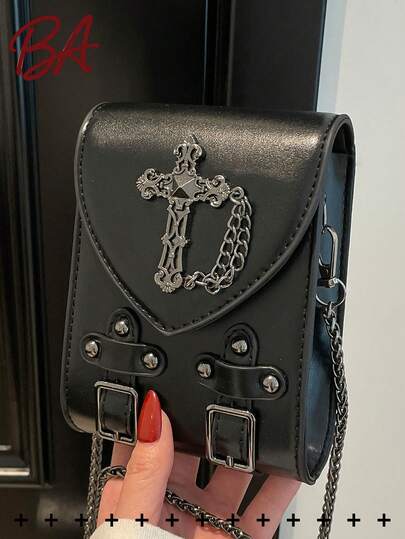 Y2K哥特风迷你斜挎包，朋克铆钉搭扣细节手机包，配链条肩带，复古美学单肩包，适合学生、护士、教师、商务人士、旅行、出差、日常通勤、购物、办公、约会、徒步、训练、工作、生日礼物、节日礼物。