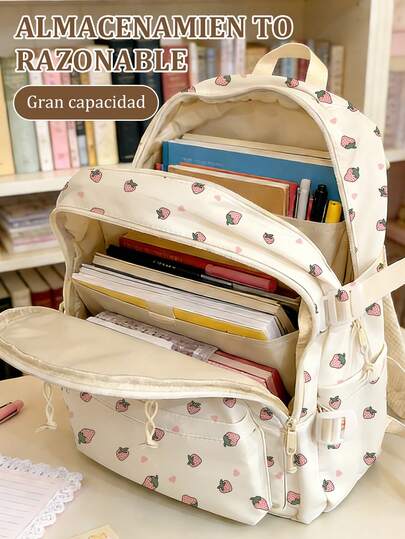 Mochila Versátil Moda para Mujeres | Gran Capacidad con Estampado de Fresa | Multicompartmentos, Bolsillos y Detalle de Stitch | Mochila Gruesa Impermeable con Oso de Peluche | Ideal para Estudiantes (Secundarias, Universitarias) y Adolescentes