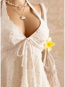 2026 European & American Style Lace Bikini, Halter Tie Ruffle Hem Tummy Control Two Piece Swimsuit For Hot Spring & Beach - 白色 - 查看 3