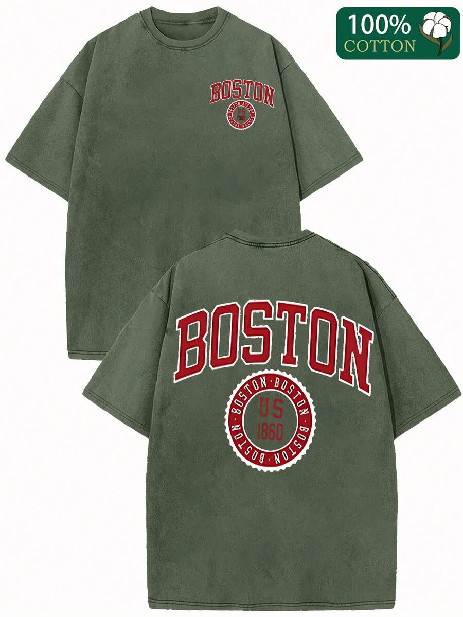 Boston Letters Creative Design Print, High Quality Pattern T-Shirt, Men'S And Women'S Matching T-Shirt, Summer Wear, Crew Neck Top Short Sleeve - Army Green - View 1