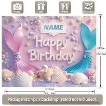 1 pieza Fondo personalizable con tema de sirena soñadora para fiesta de cumpleaños, cola de sirena rosa y azul con diseño de conchas de perlas falsas de colores, nombre personalizado con tema de sirena para decoración de fotografía de pastel de cumpleaños, actividad artística para niños - Morado - Ver 8