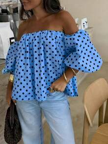 Women's Polka Dot Contrast Color Pleated Off-Shoulder Top, Suitable For Beach And Daily Wear, Spring/Summer - Blue - View 4