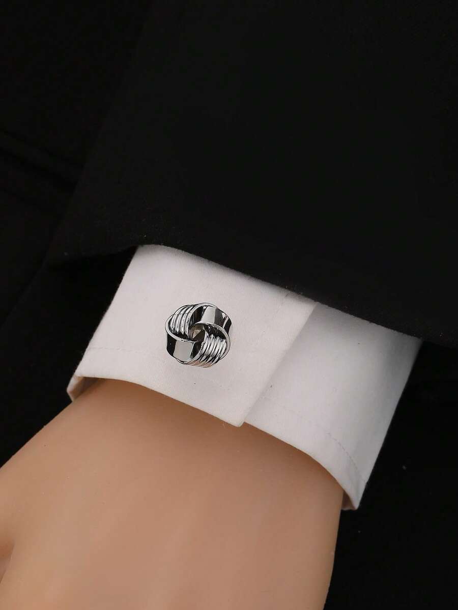 1件男士银色复古金属圆形波浪条纹袖扣,可调节衬衫袖口配饰,适合日常休闲穿着 - 銀色 - 查看 1