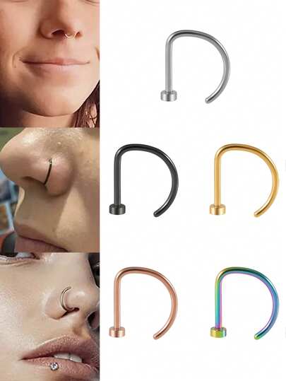 5 piezas Anillo de nariz, labio, oreja, cartílago, hélice en forma de G de acero inoxidable sin perforación, aro simple para concha, joyería corporal linda para mujeres y hombres