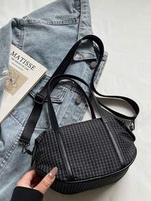 格纹帆布轻便多功能（手提/斜挎）拉链封口休闲波士顿包，适合日常使用和旅行 - 彩色 - 查看 7