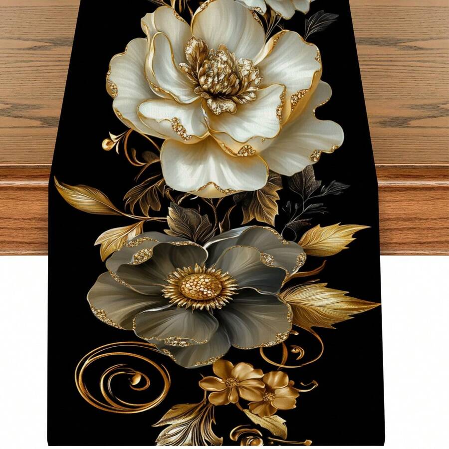 1 pieza Elegante Camino de Mesa Floral Negro y Platino - Material de Poliéster Duradero, Ideal para Cenas Festivas y Fiestas al Aire Libre, Adecuado para Comedor del Hogar y Restaurante, Suministros de Cocina, Decoración de Mesa de Fiesta - Dorado - Ver 1