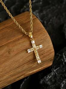 1 chiếc dây chuyền nam bằng thép không gỉ mạ vàng 18K với mặt dây chuyền hình thánh giá Chúa Giê-su đính đá, biểu tượng Cơ đốc giáo, quà tặng trang sức thời trang cho nam giới, dài 60cm. - Vàng - Xem 4