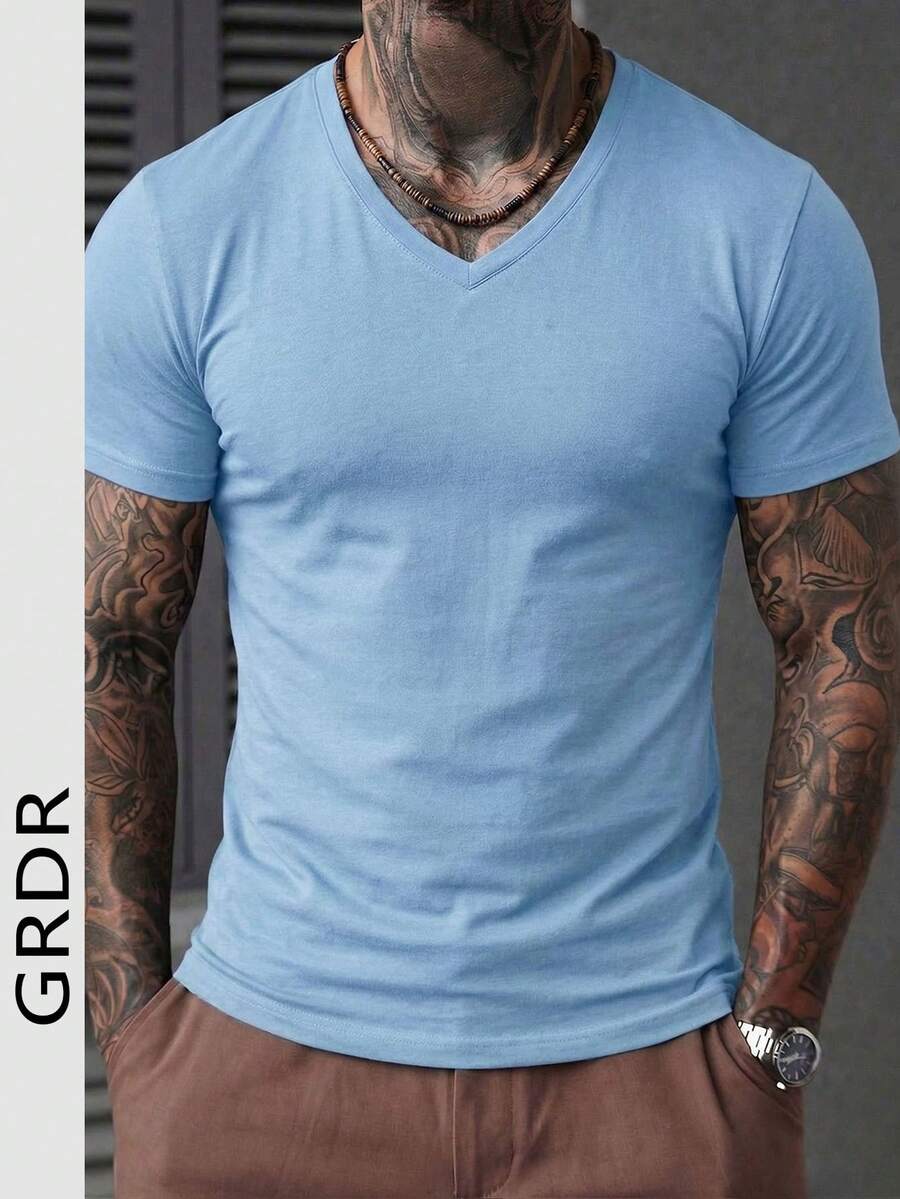 GRDR 男士纯色简约休闲短袖T恤，夏季款 - 淺藍色 - 查看 1