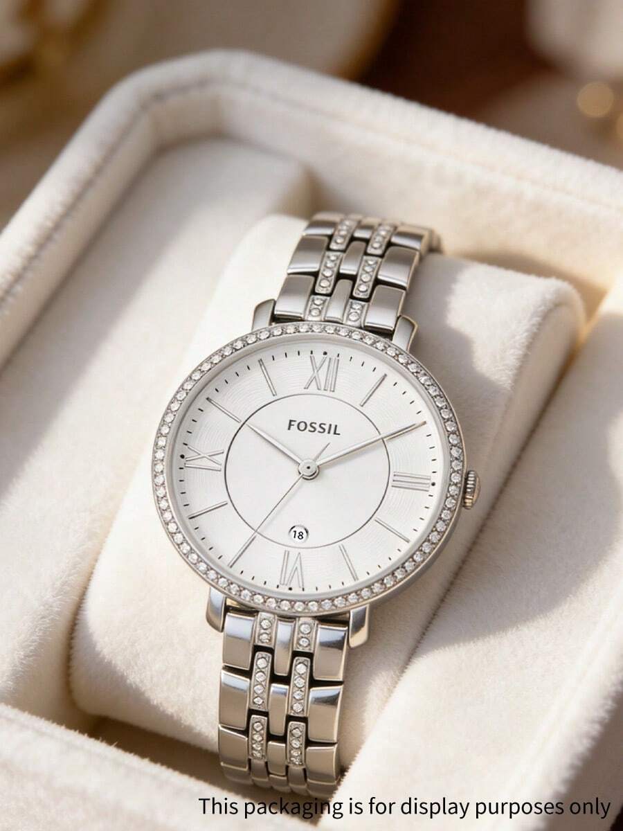 Fossil 女士石英表，圆形银色不锈钢模拟表盘，水晶水钻表圈和表带，白色银色太阳纹表盘，罗马数字日期显示窗，优雅时尚，适合派对、婚礼、办公场合，亦可作为礼物赠送。 - 銀色 - 查看 1