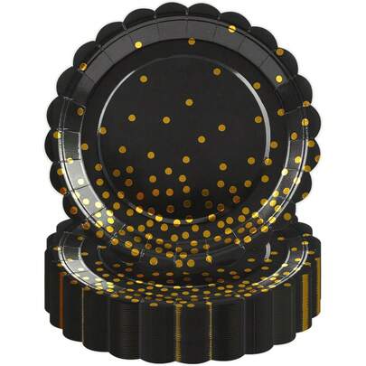 10pcs/20pcs/30pcs Black Wavy Edge Paper Plates With Gold Polka Dots - 7/9 Inch Disposable Dessert Plates, Decorative Tableware For Birthday Party, Wedding, Bridal Shower, Baby-Shower, Graduation & Holiday Events Men Women