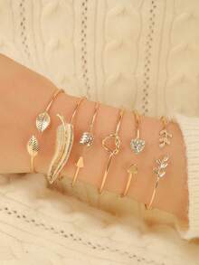 6pcs Fashionable Versatile Leaf, Heart & Geometric Bangle Bracelets, Suitable For Women's Daily Wear, Party, Jewelry Gift, Summer Accessories - Yellow Gold - View 8