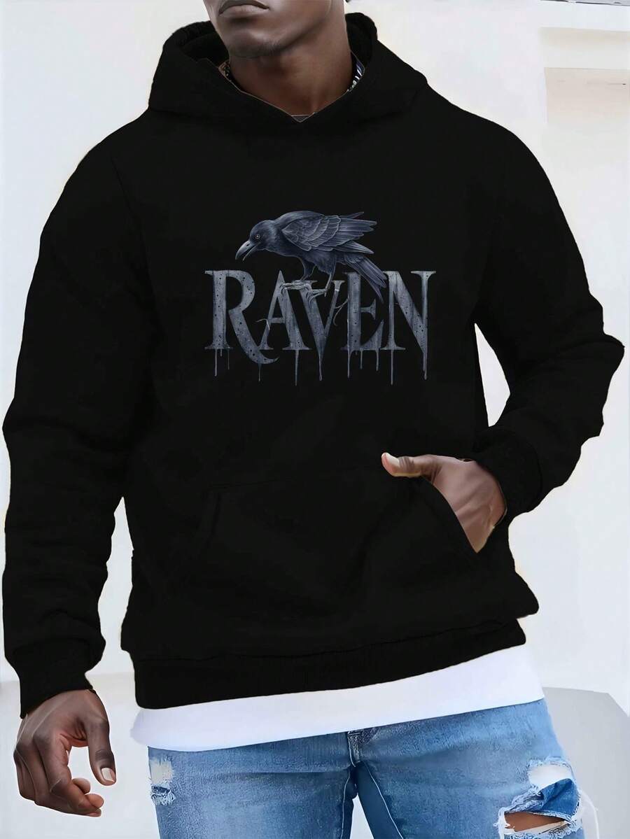 Nuevas de moda de la temporada: Sudadera con capucha gótica de talla grande para hombre con estampado de cuervo - Fuente oscura y llamativa e ilustración de cuervo, sudadera con capucha de 250 g de peso pesado y corte holgado, ropa casual de calle lavable a máquina, tela no elástica, TALLA GRANDE. - Rojo - Ver 1