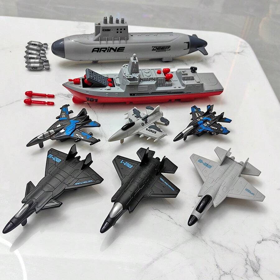 儿童航空母舰驱逐舰玩具，可发射，潜艇模型，含6架飞机玩具，适合作为男孩生日礼物
