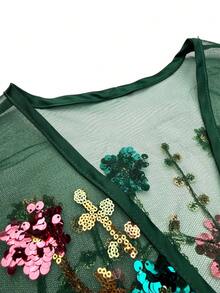 UNITHORSE Plus Women's Round Neck Batwing Sleeve Sequin Patchwork Mesh Embroidered Belt 2 Pieces Turkish Robe - Dark Green - View 9