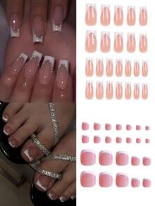 48pcs French Manicure Nail Stickers Set, Including 24pcs Medium Length Square Pressed Nail Stickers And 24pcs Toe Nail Stickers, Silver Glitter White French Style, Short Full Coverage Glossy Fake Nails Set, Comes With 2pcs Jelly Gel And 1pc Nail File, Suitable For Daily Wear Fake Nails And French Manicure Stickers, Suitable For Women And Girls Daily Use - Multicolor - View 3