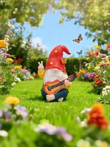 1pc Charming Resin Guitar Playing Gnome Statue, 1pc Hippie Style Garden Gnome, 1pc Outdoor Garden Gnome Decor With Peace Sign, Suitable For House, Lawn, Yard And Porch, Ideal Gift For Friends And Family - Multiple Styles - View 11