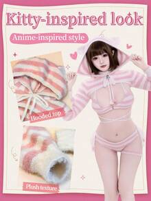 Sexy Fuzzy Cat Cosplay Set For Women, Open-Chest Kawaii Kitty Costume With Bikini & Choker, Cute Furry Cat Ears Outfit For Halloween & Christmas Party – One Size - Màu Hồng baby - Xem 4