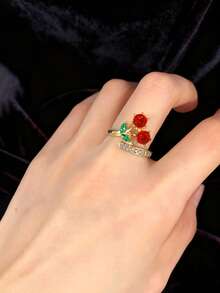 1 pièce Bague ajustable mignonne en cristal et strass simulant une cerise, convient pour les vacances et le port quotidien - Rouge - Voir 4