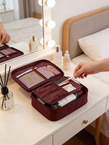 1 túi đựng mỹ phẩm xách tay, túi đựng đồ vệ sinh cá nhân khi đi du lịch, túi đựng đồ trang điểm, túi đựng đồ đa năng, bền chắc, dung tích lớn, tiện dụng cho bàn trang điểm, hành lý, phụ kiện nữ, du lịch, bãi biển, kỳ nghỉ, chăm sóc da, ký túc xá, cắm trại, quà tặng cho bạn gái, vợ, đám cưới - Màu Đỏ Sâu - Xem 6