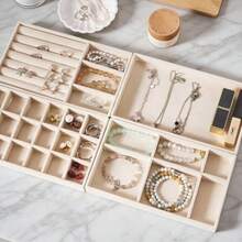 Multi-Grid Velvet Jewelry Storage Tray Set, Stackable Desktop Display Organizer For Rings, Earrings, Necklaces & Bracelets, Dustproof Vanity Cosmetic Storage Box,Space-Saving Dresser Bedroom Dorm Organizer, Perfect Daily Storage & Holiday Gift Choice - Beige - View 8