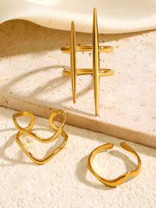 Bộ 3 chiếc nhẫn thép không gỉ mạ vàng 18K, thiết kế hình học tối giản, đường nét bất đối xứng, phù hợp cho nữ giới đeo hàng ngày, đi nghỉ mát, công sở, dự tiệc, du lịch, làm quà tặng trang sức thường ngày. - Nhiều màu - Xem 6