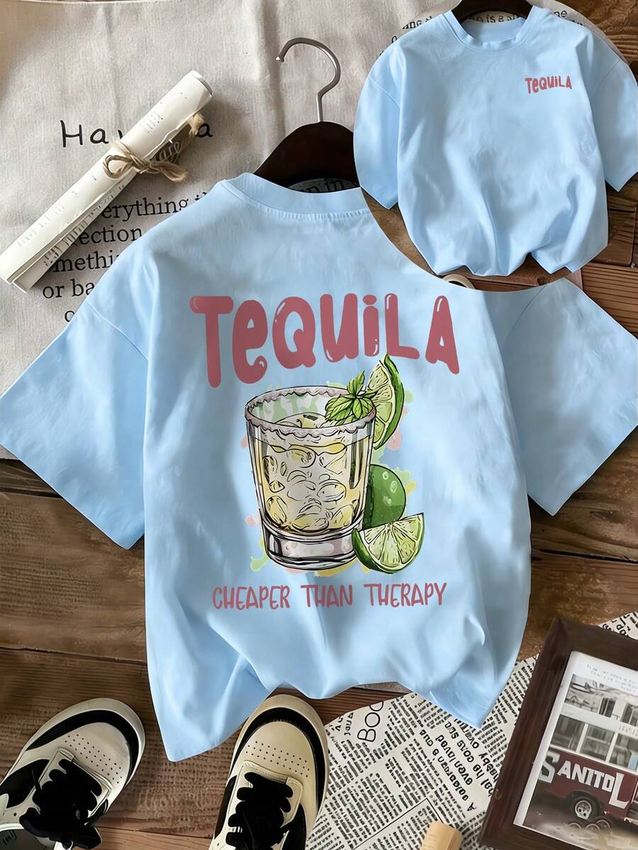 Áo thun nữ mùa hè mới đơn giản in chữ "Chanh trà" và hình lát chanh, kiểu dáng rộng rãi, cổ tròn, tay ngắn, màu be, thích hợp mặc hàng ngày.