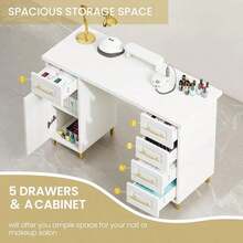 43 Inch Nail Tech Desk For Nail Tech, Wooden Manicure Table With Storage, Nail Table With 5 Drawers And Cabinet, Manicure Desk Nail Station, Pink/ Black/ White - 白色 - 查看 3